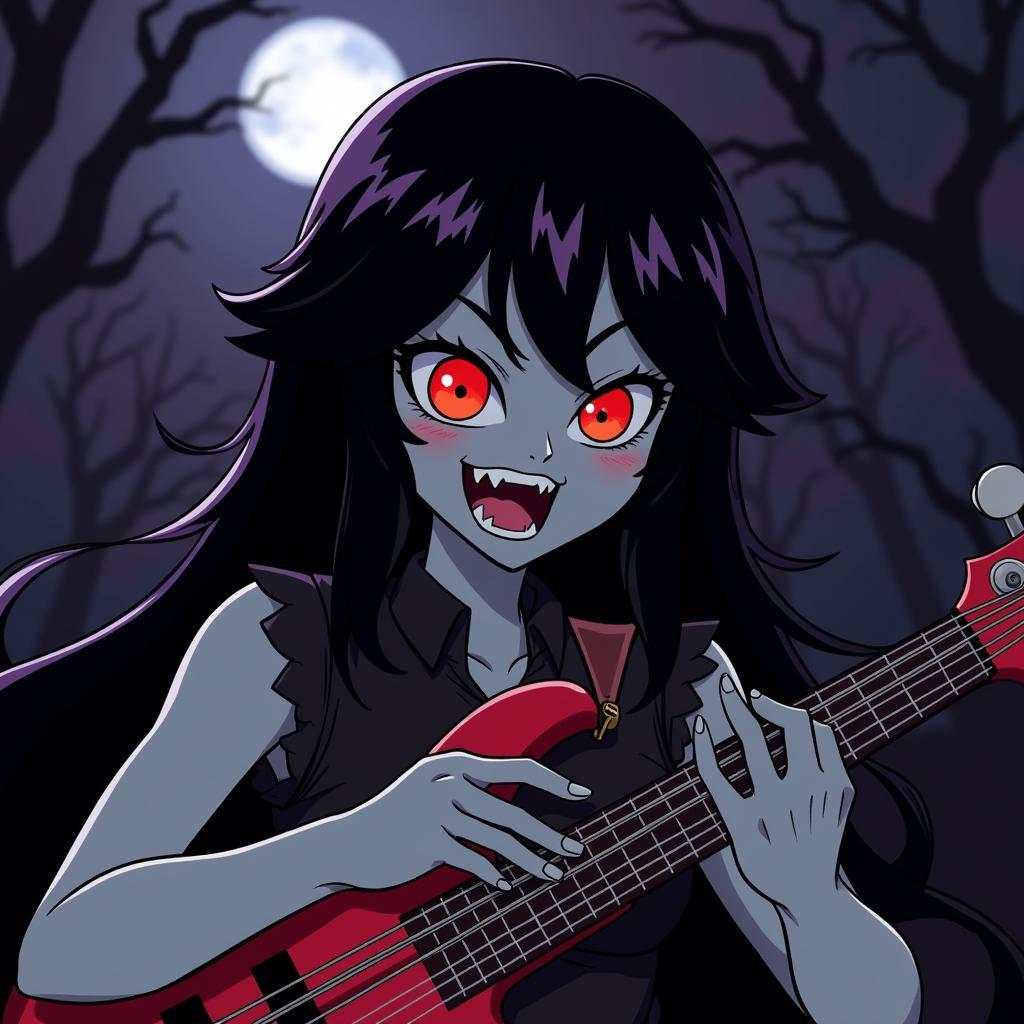 Marceline playing her bass with a dark and moody background