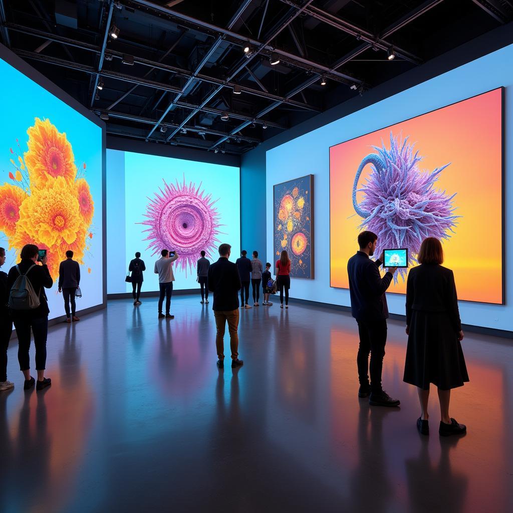 AI-Generated Art Exhibition: A gallery displaying a variety of AI-generated artworks, ranging from abstract paintings to 3D sculptures.