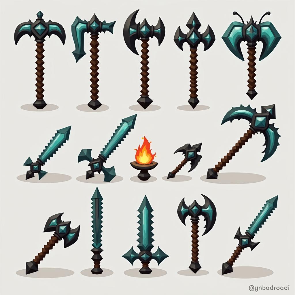 AI-generated tools and weapons in Minecraft with unique designs and textures.