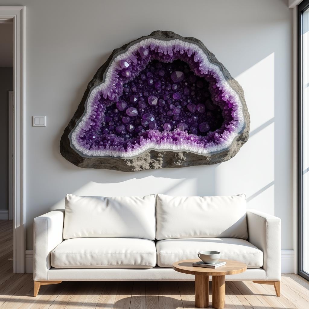 Amethyst geode wall art in a modern living room, showcasing its vibrant purple hues and natural textures.