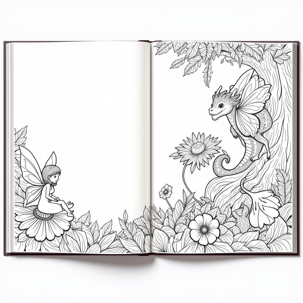 A spread from an Amy Brown coloring book featuring various fantasy creatures.