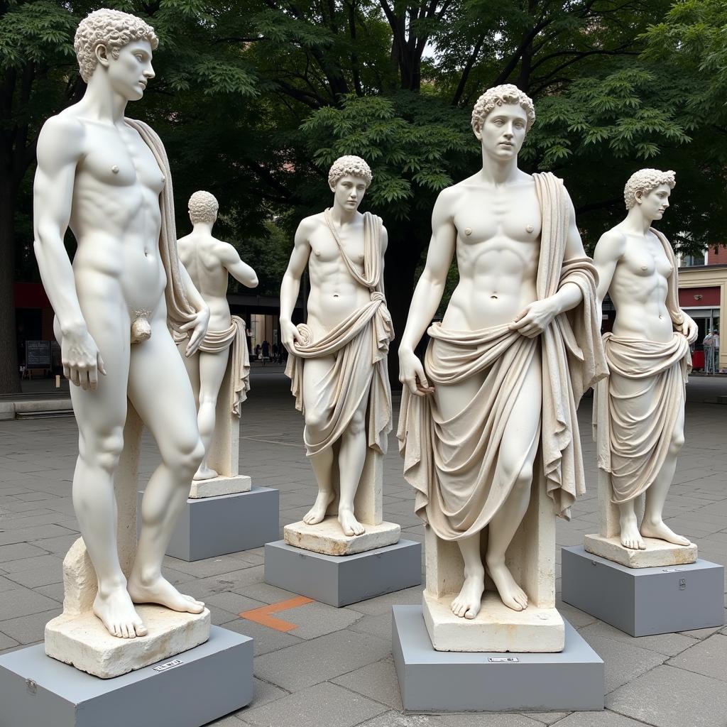 Ancient Greek nude sculptures depicting idealized human forms in public spaces.