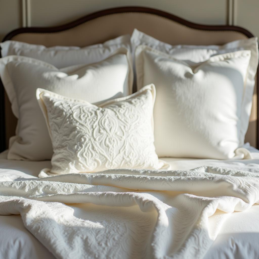 Ann Gish bedding adorns a luxurious bedroom, showcasing her signature style of layered textures and elegant design.