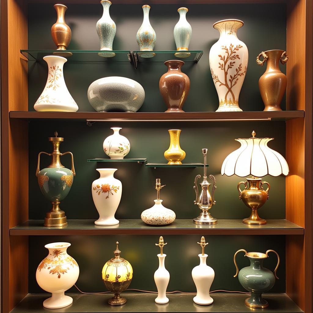 Antique Art Nouveau vases and lamps in a gallery setting.