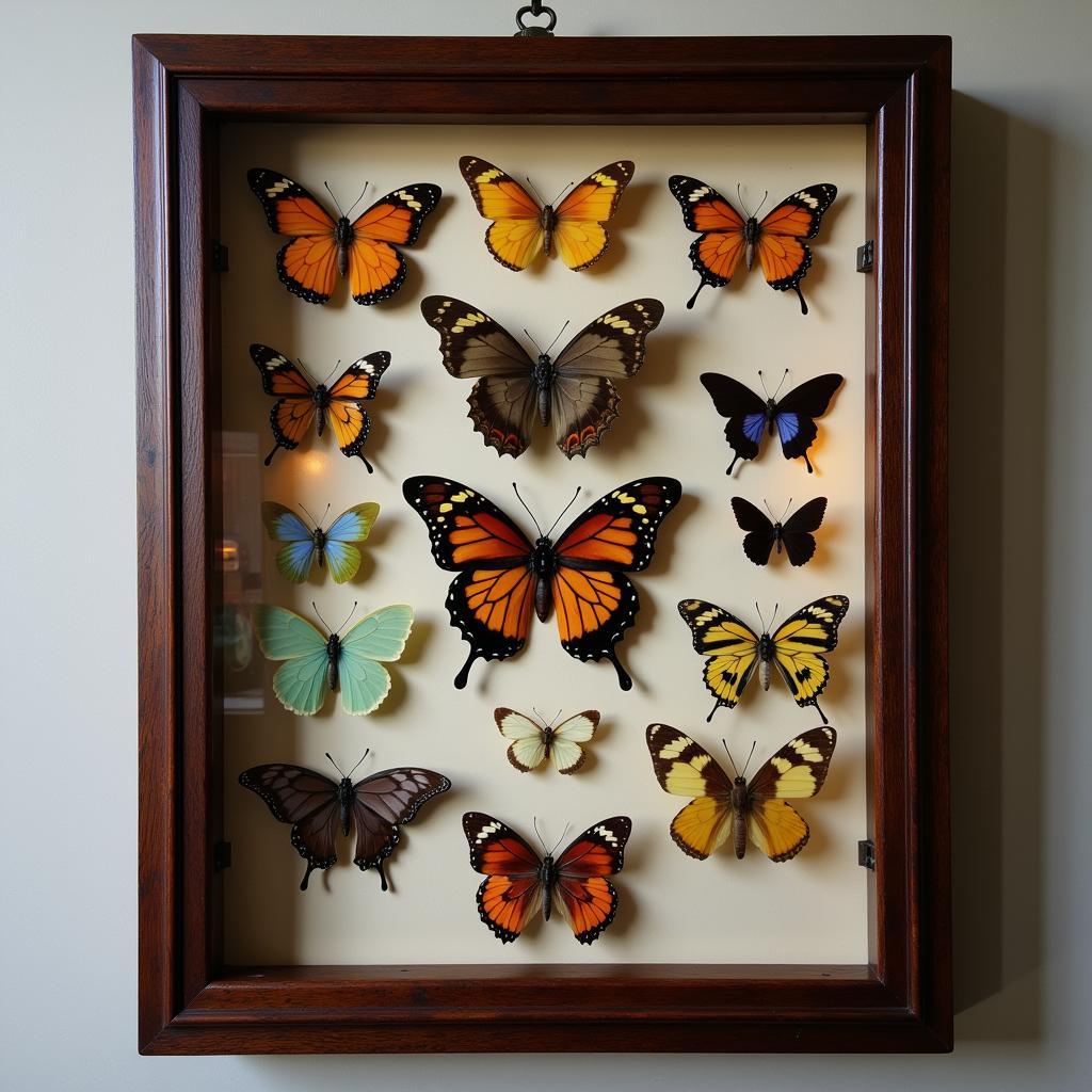 An antique wooden frame showcasing a vibrant collection of preserved butterflies, arranged in a symmetrical pattern.