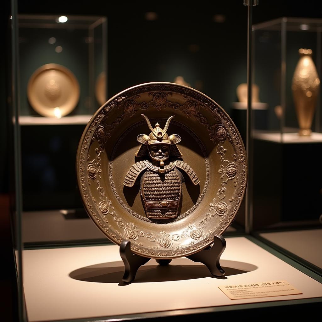 Antique Chokin Plate Featuring a Samurai Warrior Proudly Displayed in a Museum