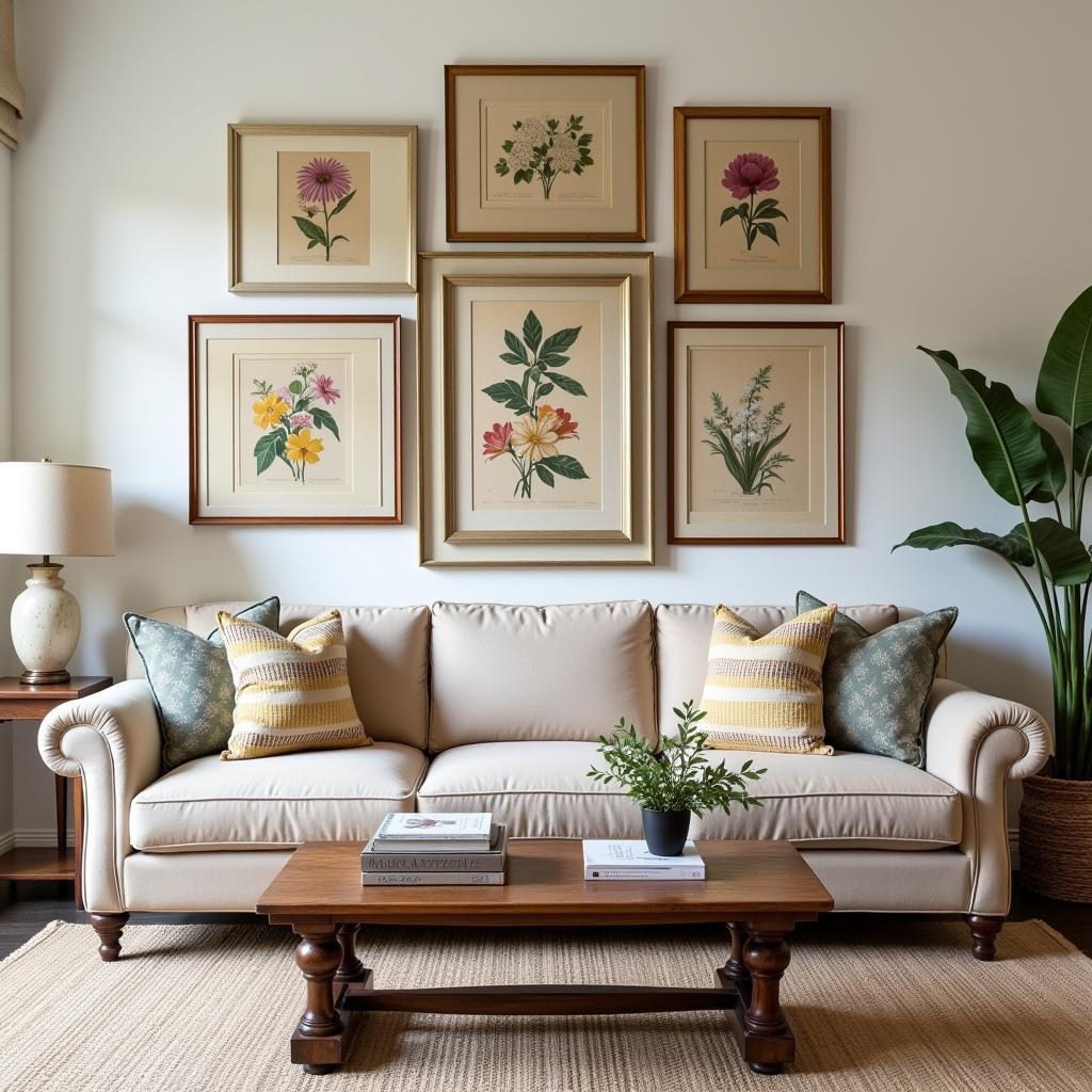 Antique Floral Prints as Wall Decor in a Living Room