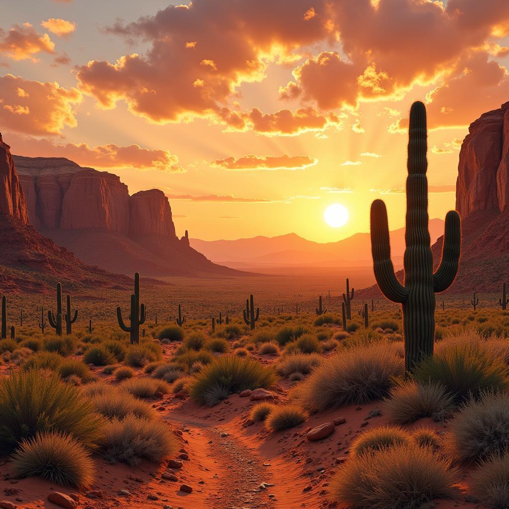 An antique western landscape painting depicting a desert scene at sunset