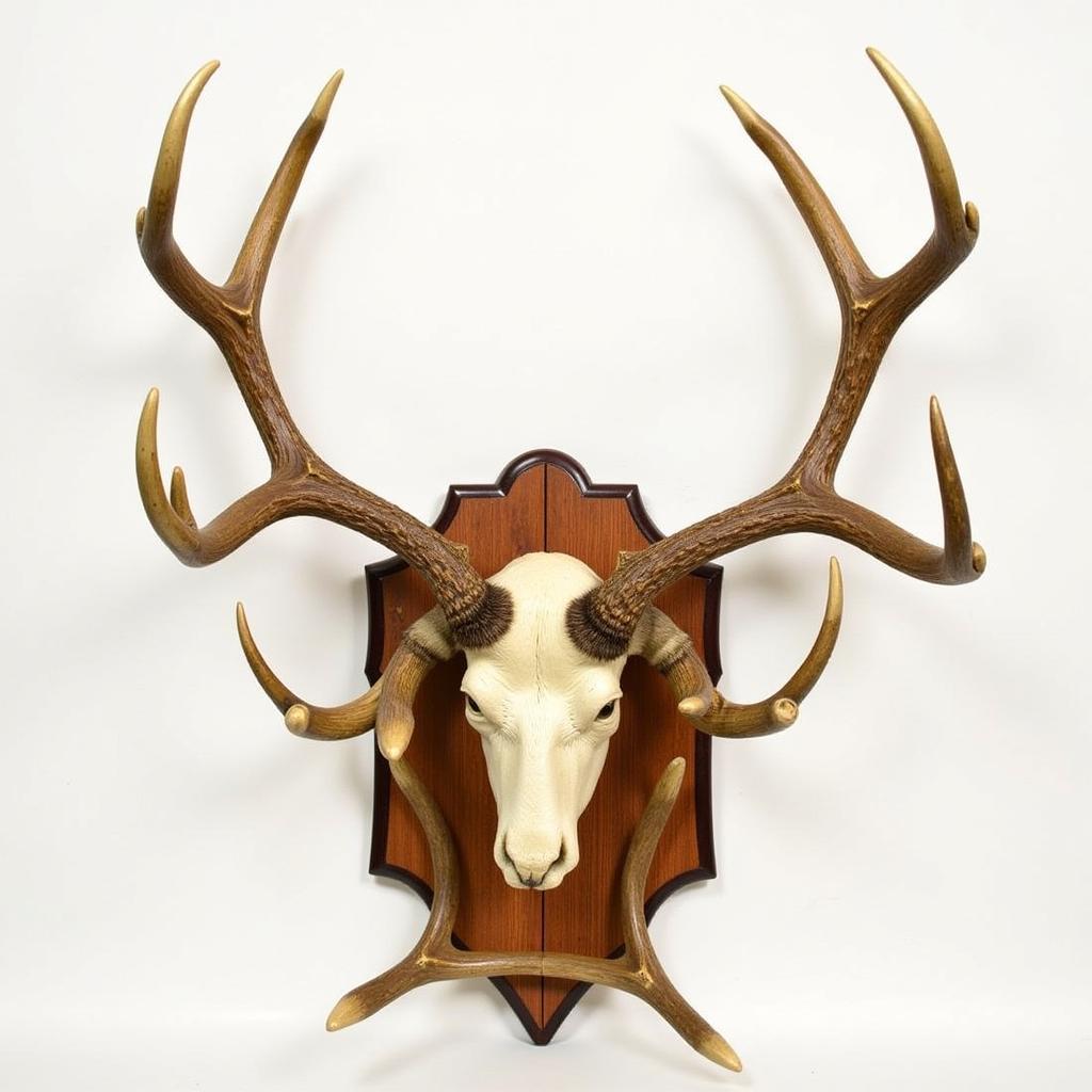 Antler art wall decor featuring a majestic elk head mounted on a wooden plaque, adorned with intricate carvings and surrounded by smaller antlers.