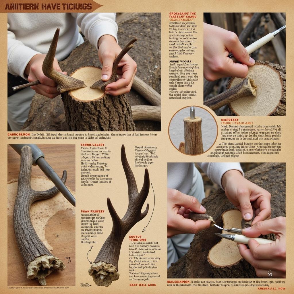 Close-up view of antler carving tools and techniques, showcasing various knives, chisels, and sanding tools used in the process.