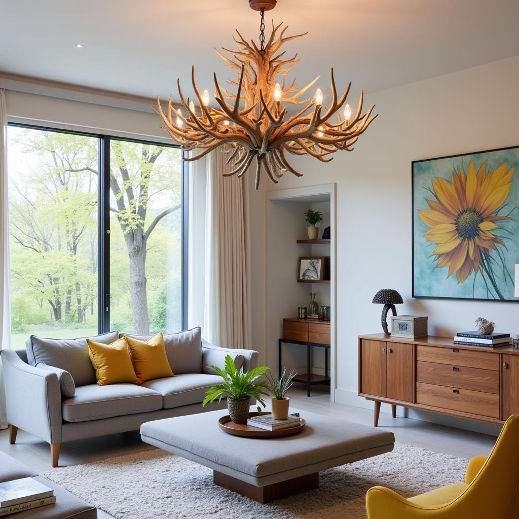 A stunning antler chandelier hangs in a modern living room, casting a warm glow on the surrounding space. Its intricate design and natural materials create a focal point that blends seamlessly with the contemporary decor.