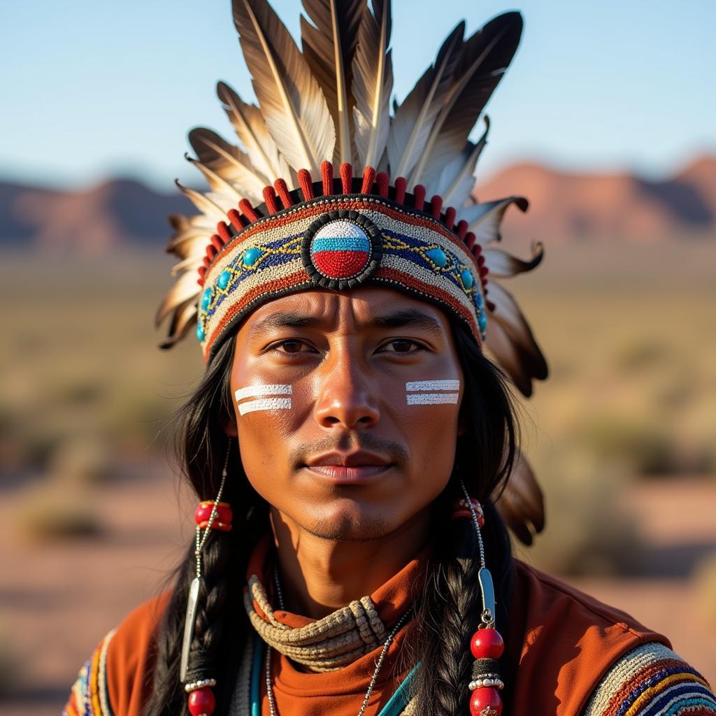 Apache Warrior with Eagle Feather Headdress