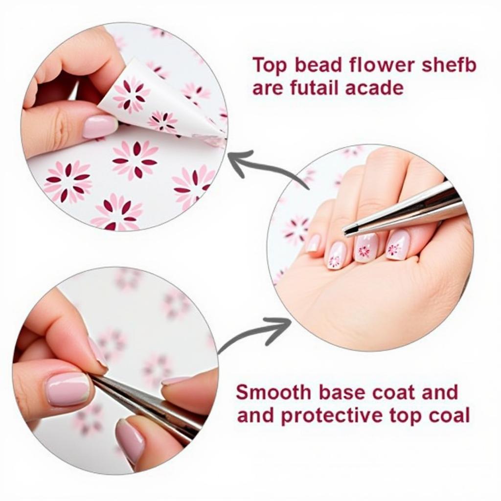 Step-by-step tutorial on applying flower nail art stickers, showcasing proper placement and sealing techniques.