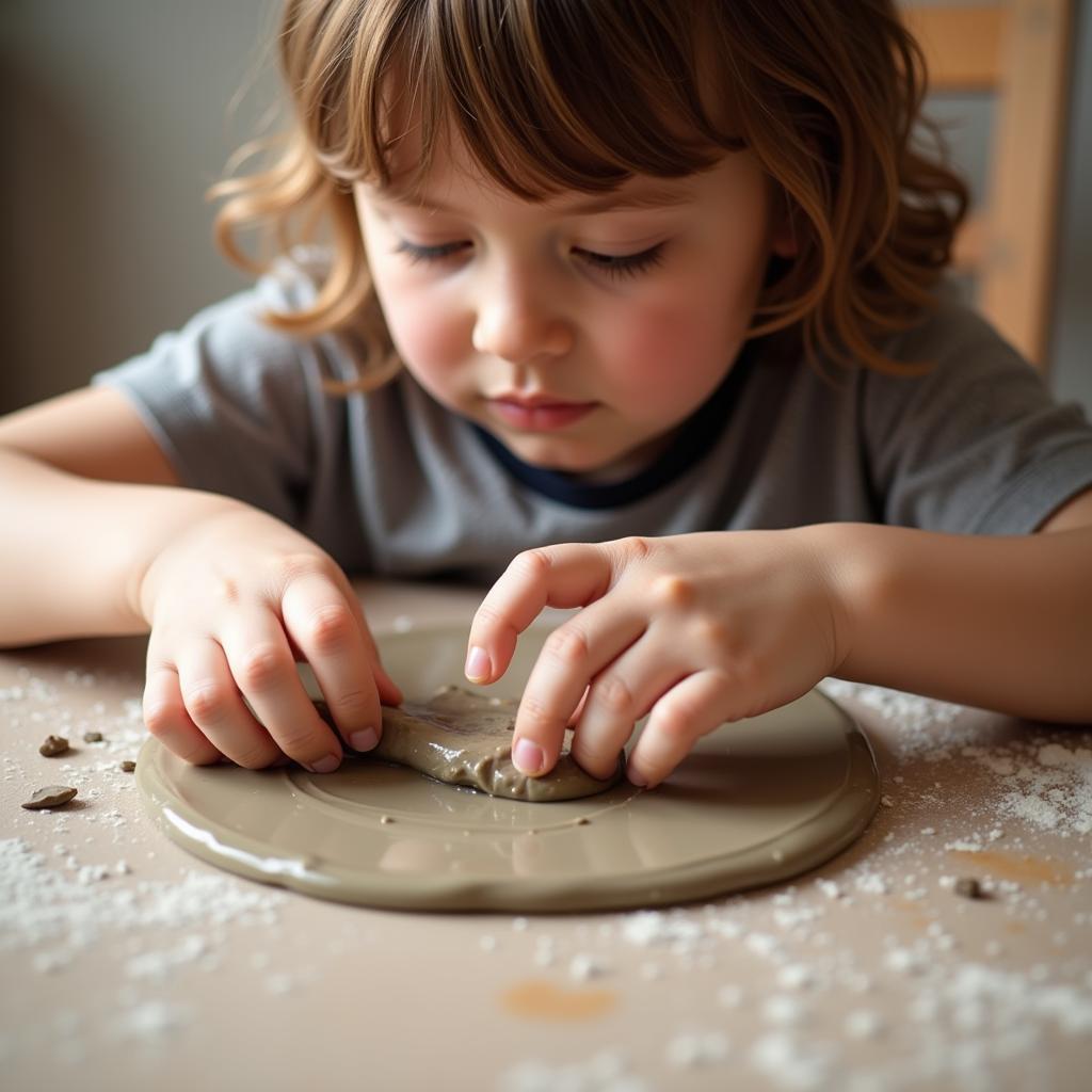 A child engrossed in creating a clay sculpture during an art therapy session