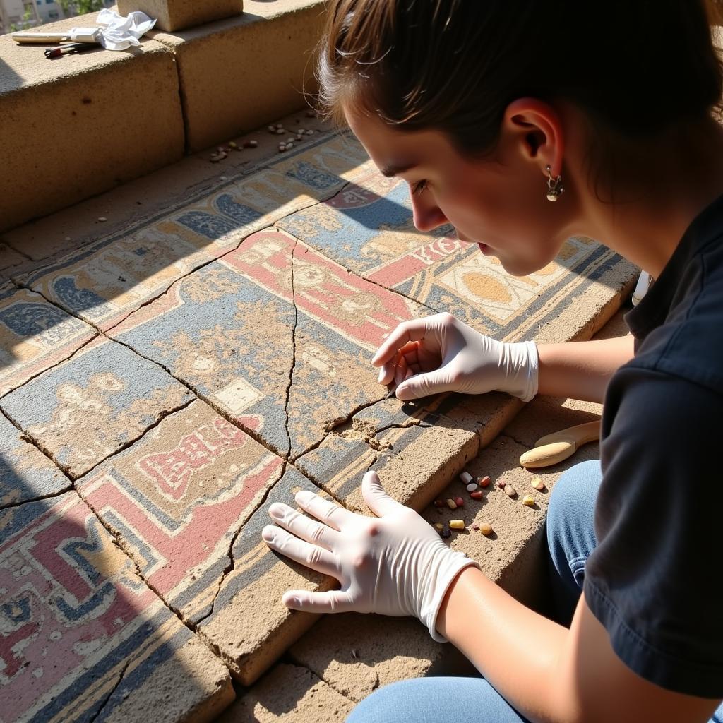 Art archaeologist meticulously restores a fragmented ancient mosaic, carefully piecing together the tesserae to reveal the original design.