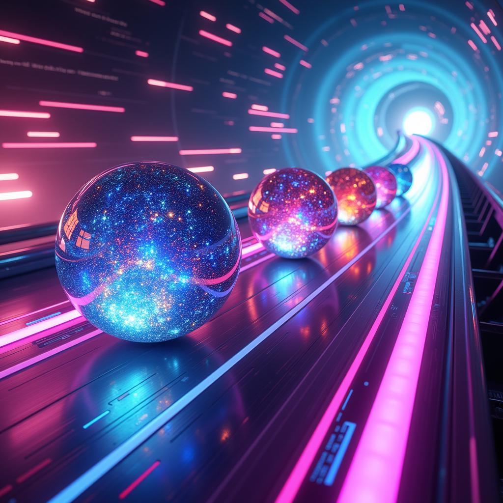 Digital art ball racing track with colorful spheres in motion