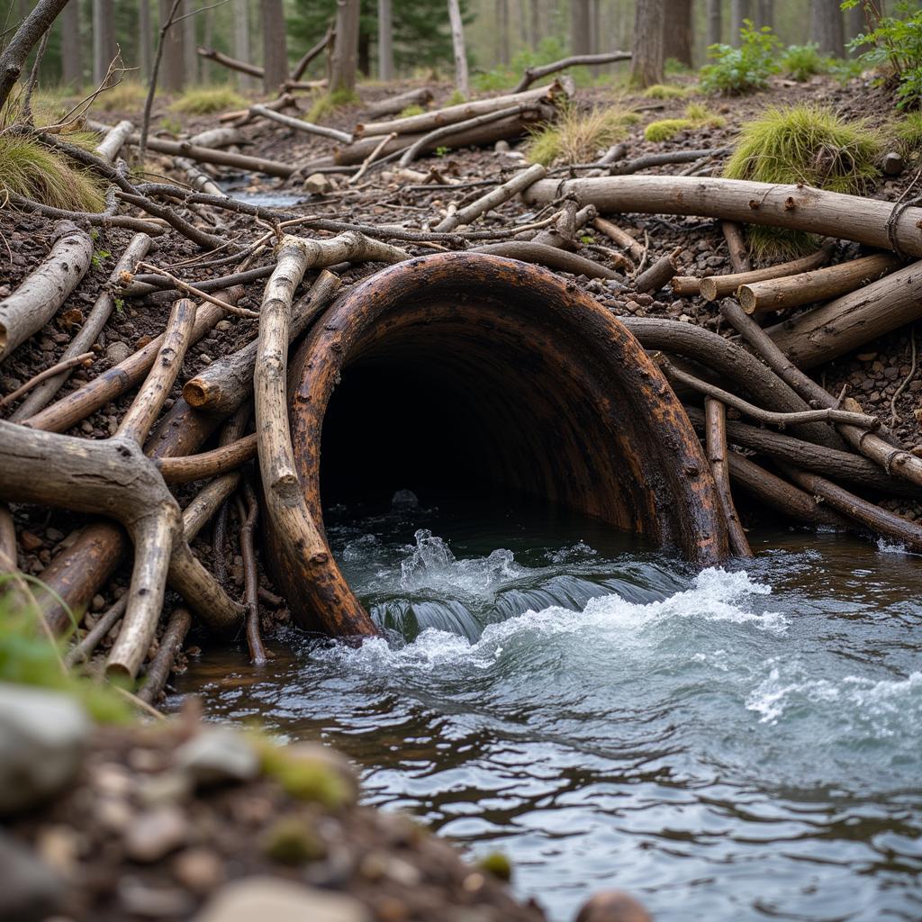 Beaver dam construction in progress, showcasing the intricate weaving of branches and mud.