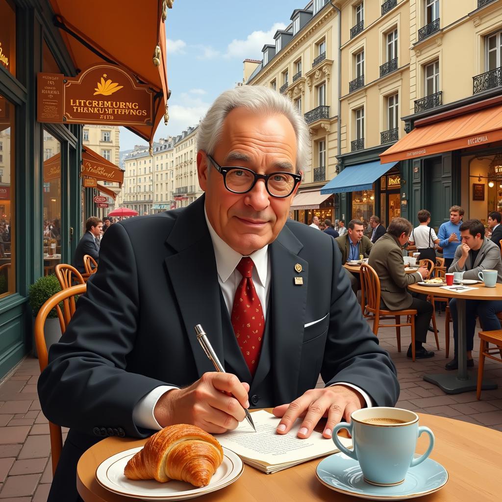 Art Buchwald writing in a French cafe