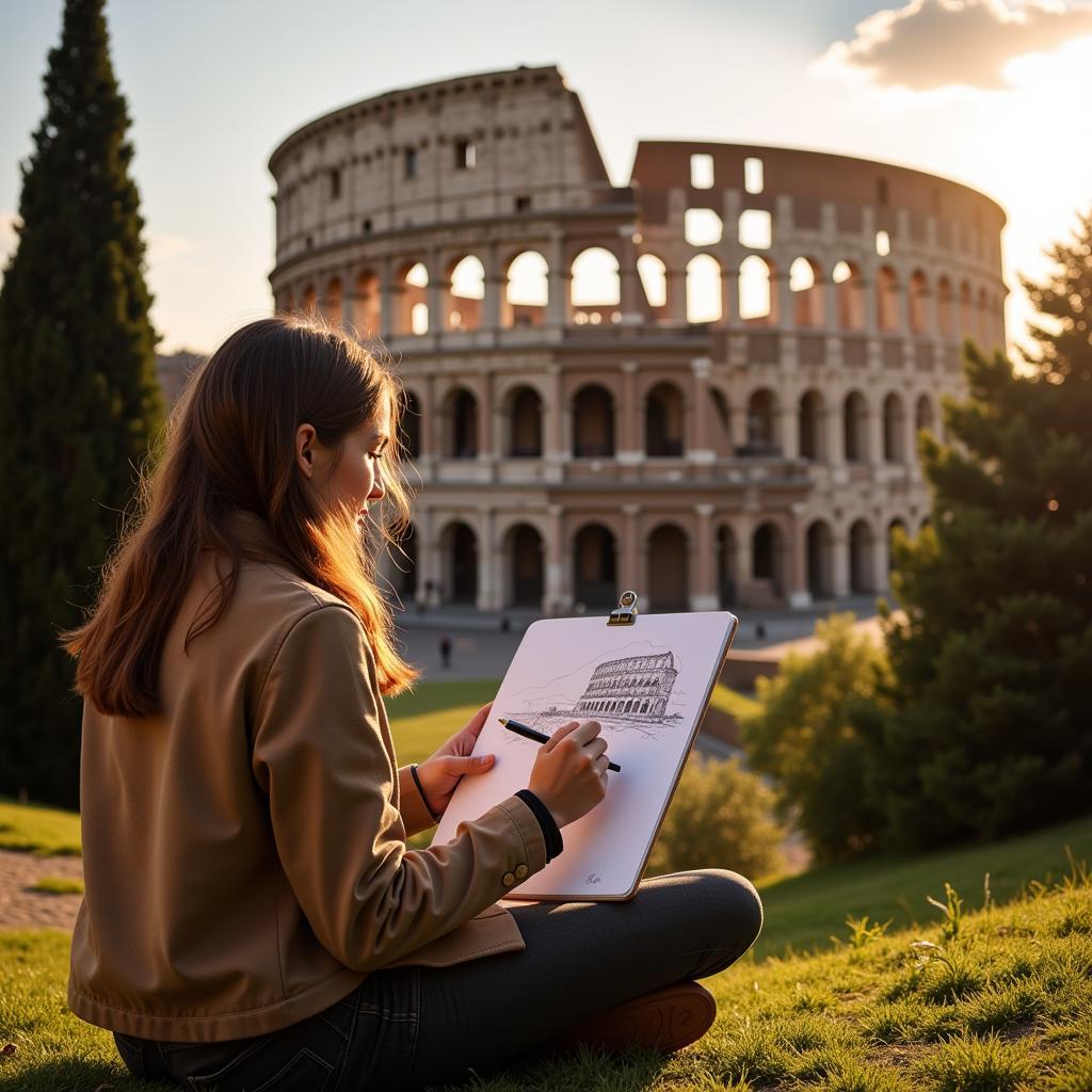 Student Sketching the Colosseum