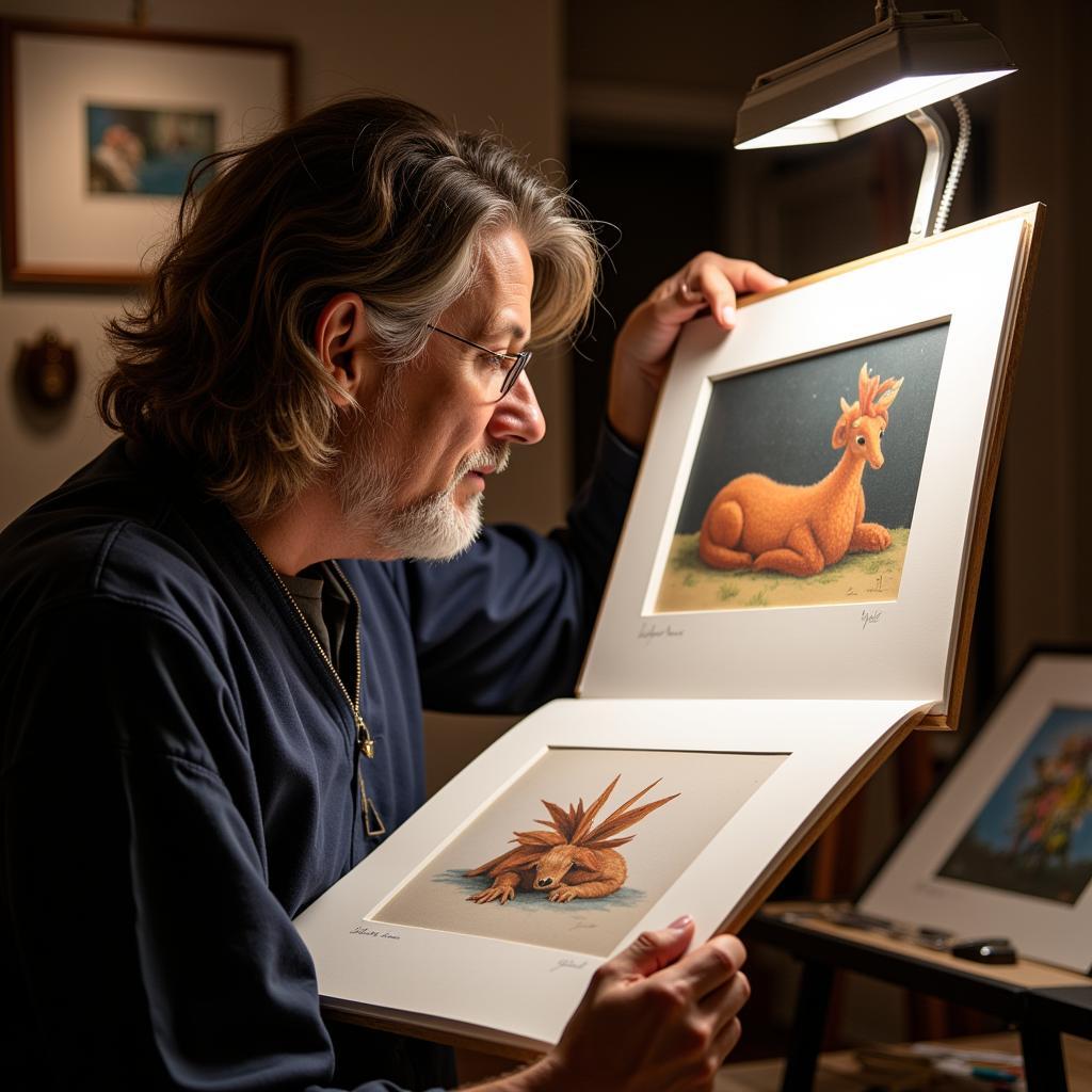 An art collector carefully examines a limited edition signed art print, looking for details in the printmaking technique and the artist's signature.