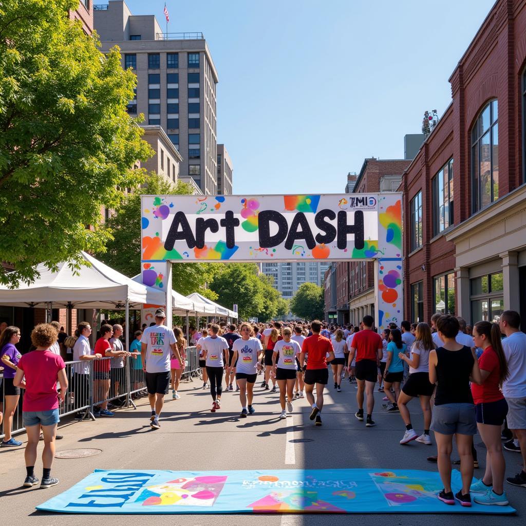 Art Dash 5k finish line celebration with participants and artists