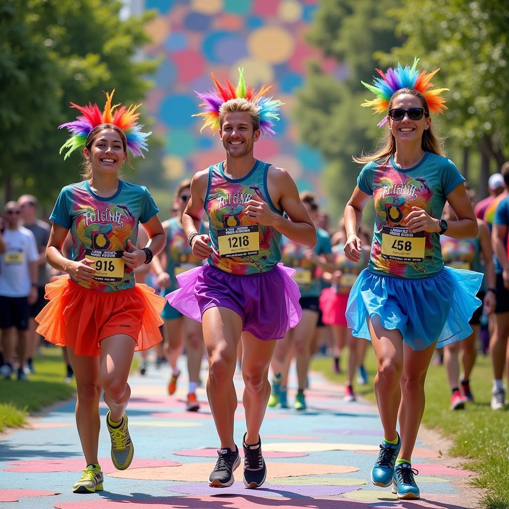 Runners in colorful and creative outfits participating in the Art Dash 5k