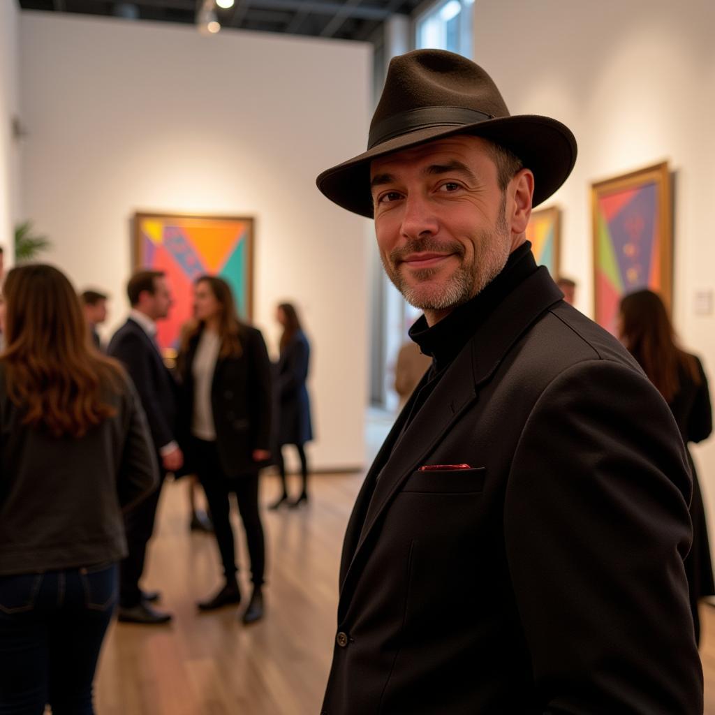 Art dealer wearing a stylish hat at a gallery opening