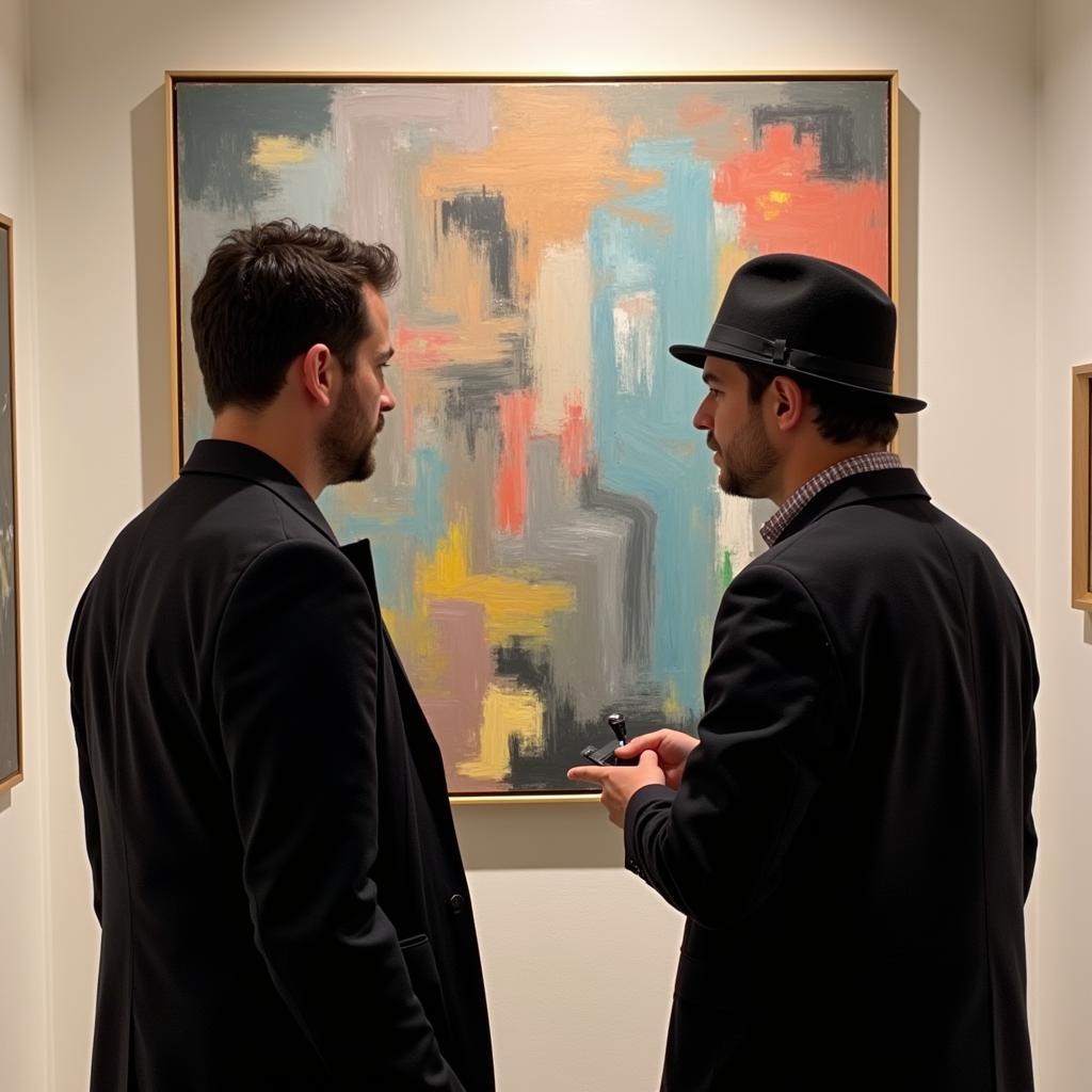 Art dealer negotiating an art sale while wearing a distinctive hat