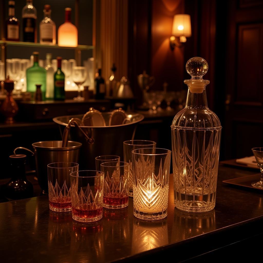 A fully set up Art Deco bar, complete with cocktail shaker and glasses