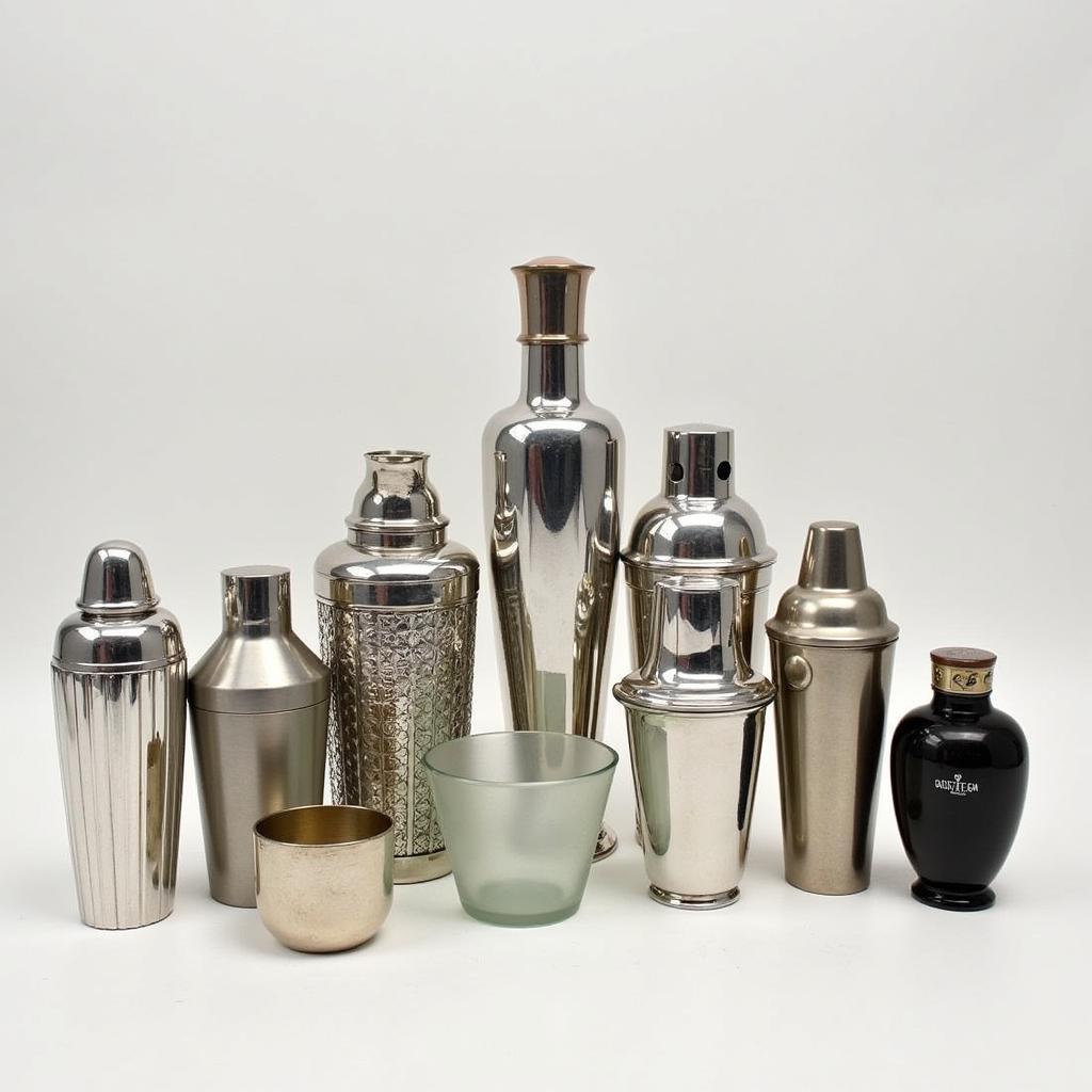 A collection of art deco cocktail shakers showcasing various materials and designs, highlighting the diversity within the style.