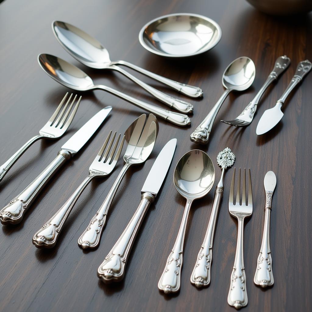 A complete art deco flatware set displayed on a dining table, showcasing its geometric patterns and polished finish.