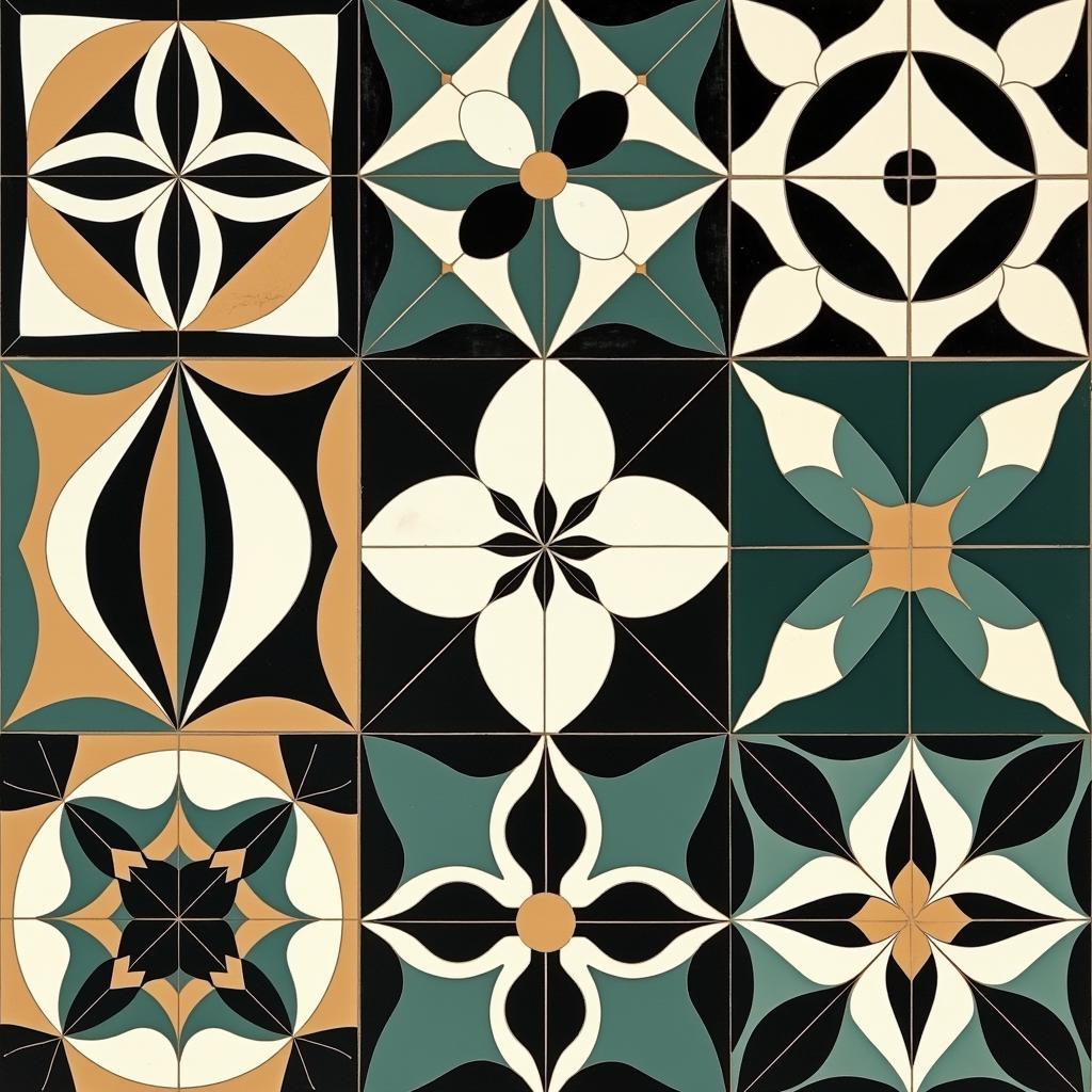 Geometric Art Deco Floor Tile Patterns in Various Colors and Shapes