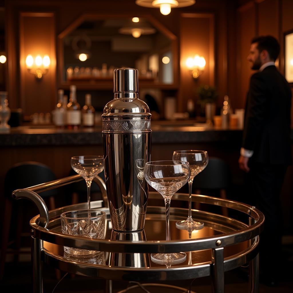 Art Deco glass cocktail shaker with matching glasses on a bar cart