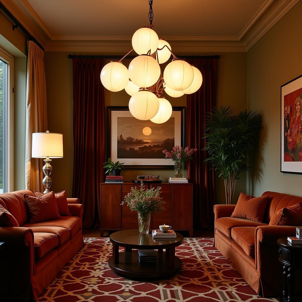 Art Deco Globe Chandelier Illuminating a Living Room