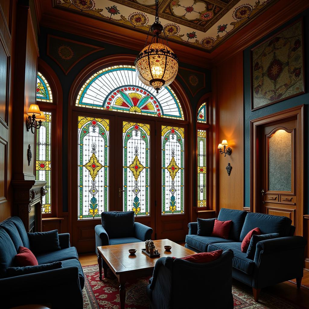 Close-up of stained glass windows and other decorative details on an Art Deco house.