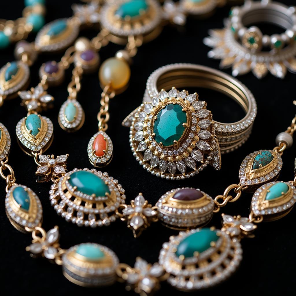 Art Deco Jewelry Collection:  A stunning display of art deco jewelry, featuring necklaces, rings, earrings, and bracelets, showcasing the intricate details and craftsmanship.