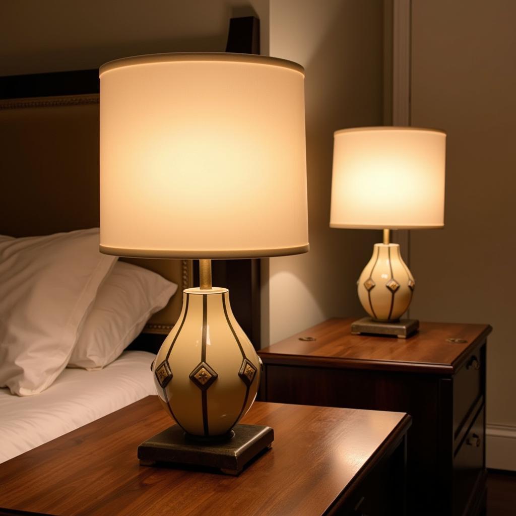 Two elegant art deco lamps placed on nightstands in a bedroom setting, providing soft, ambient lighting.