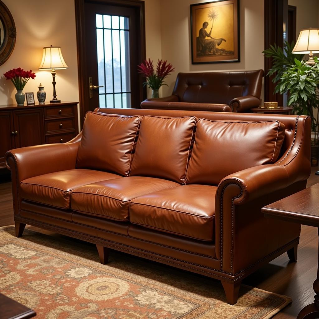 Art Deco Leather Couch: A historical example showcasing the characteristic geometric shapes and luxurious leather upholstery of a classic art deco couch.