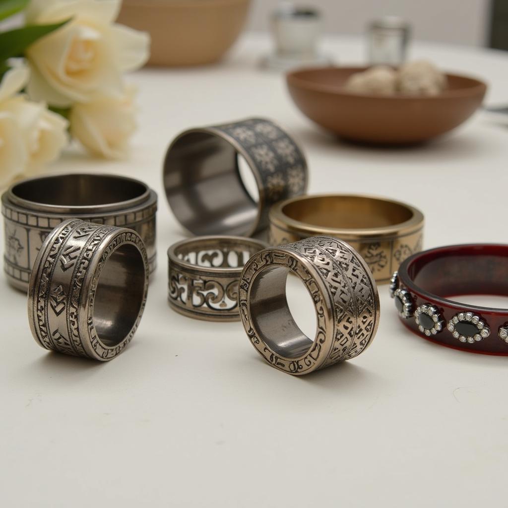 A collection of various art deco napkin rings showcasing different materials and designs.