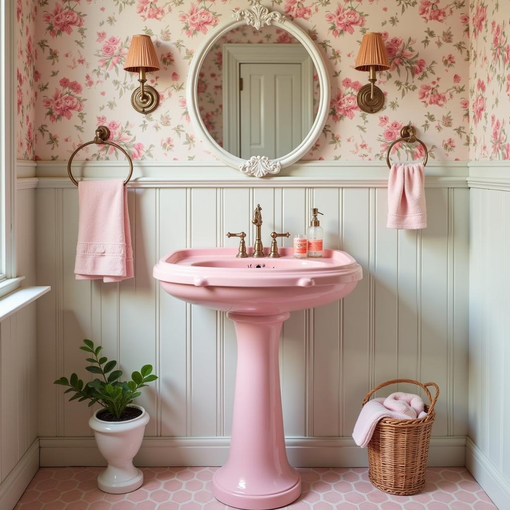 A pastel pink art deco pedestal sink in a vintage-inspired bathroom