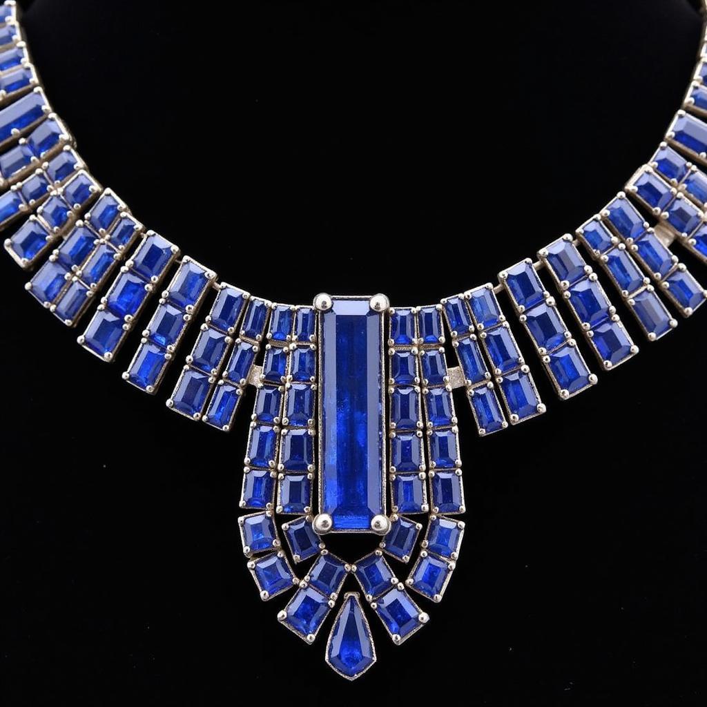 Art Deco sapphire necklace with a geometric design featuring vibrant blue sapphires set in platinum.