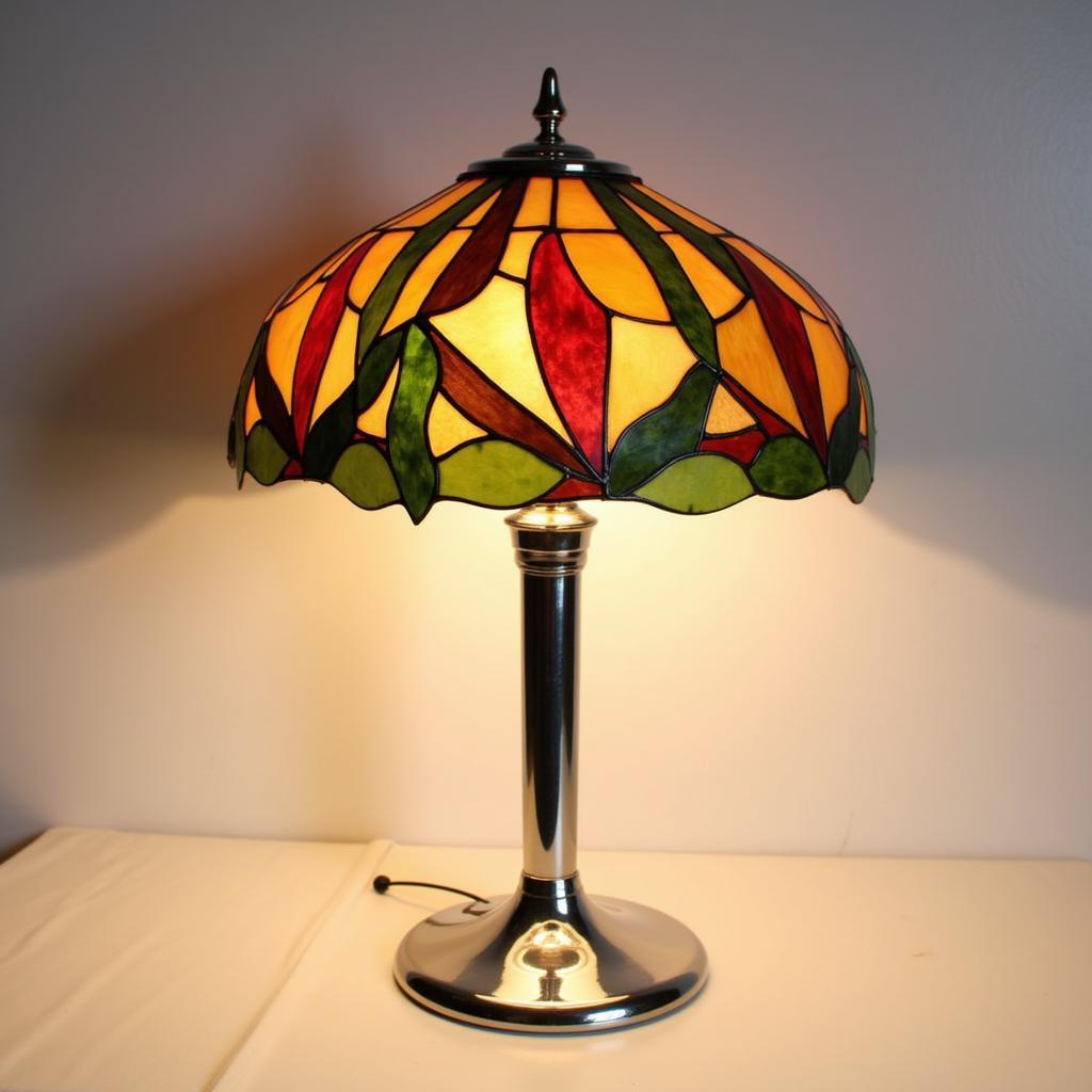 An exquisite art deco stained glass lamp featuring a stylized floral motif in vibrant colors.