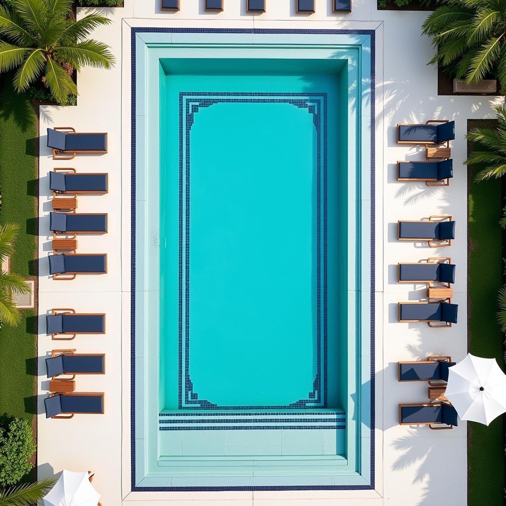 Art Deco swimming pool with symmetrical geometric patterns and vibrant blue tiles.