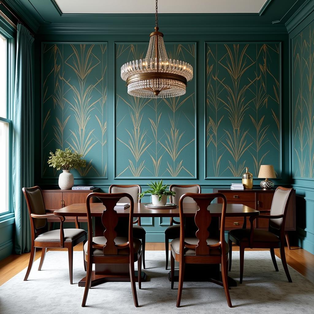 Art Deco Teal Wallpaper in a Dining Room