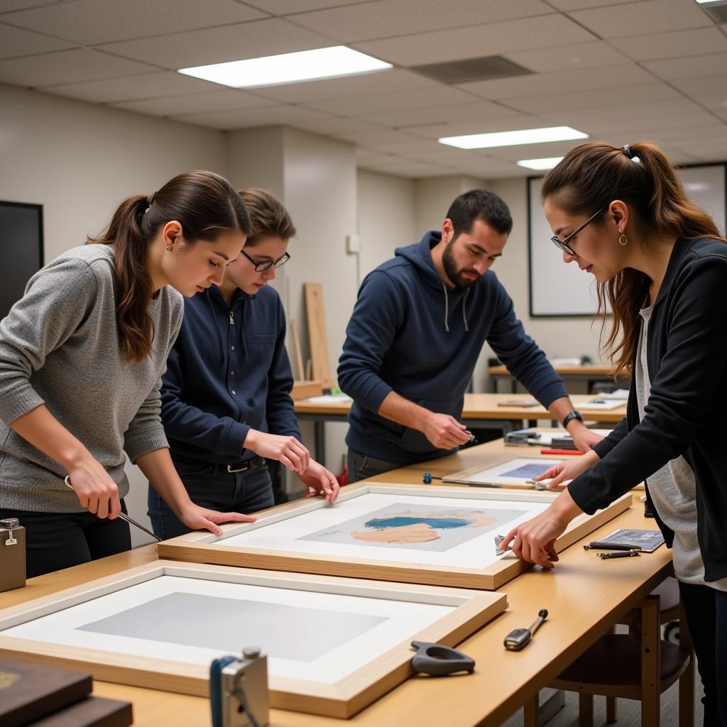 Students learning art framing techniques in a workshop