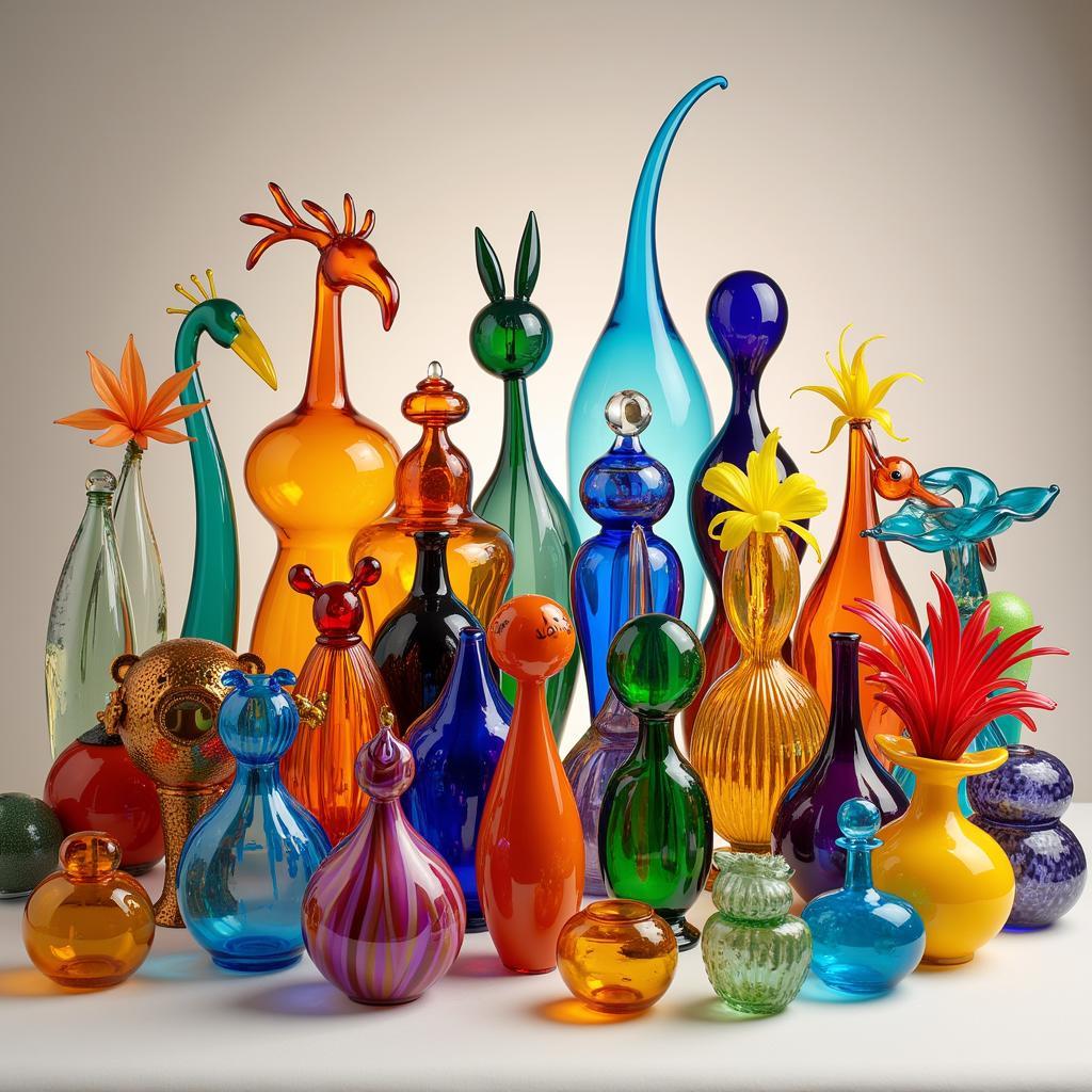 A collection of vibrant art glass figurines showcasing different styles and forms