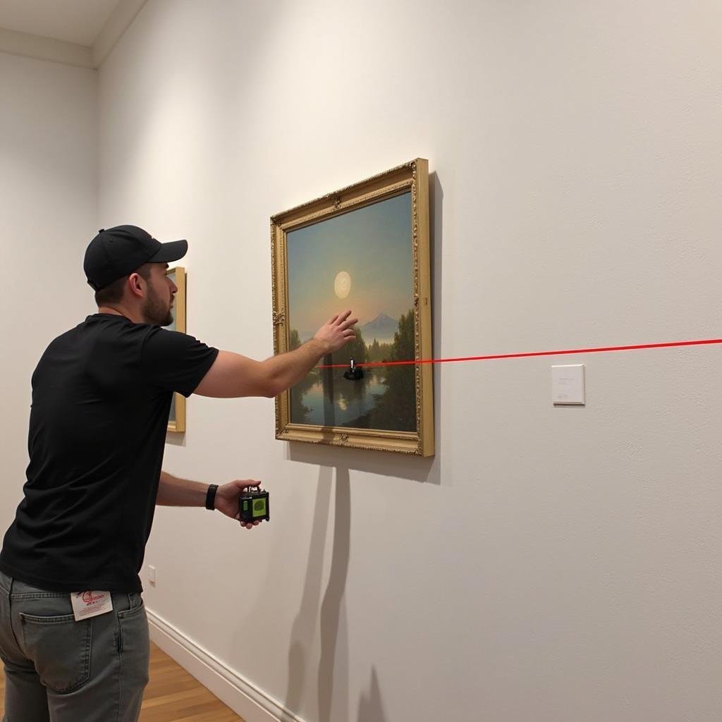 Art installer using a laser level to ensure precise placement.