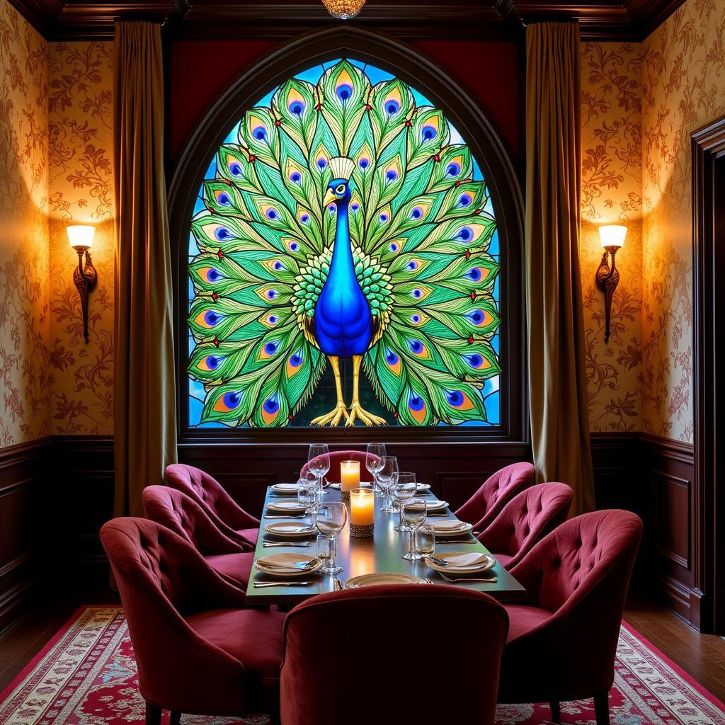 Art Nouveau dining room with peacock motif and stained glass windows