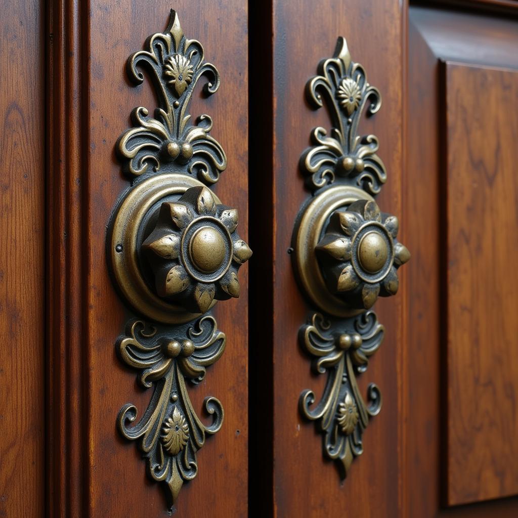 Close-up of intricate Art Nouveau door hardware showcasing stylized floral motifs and flowing lines