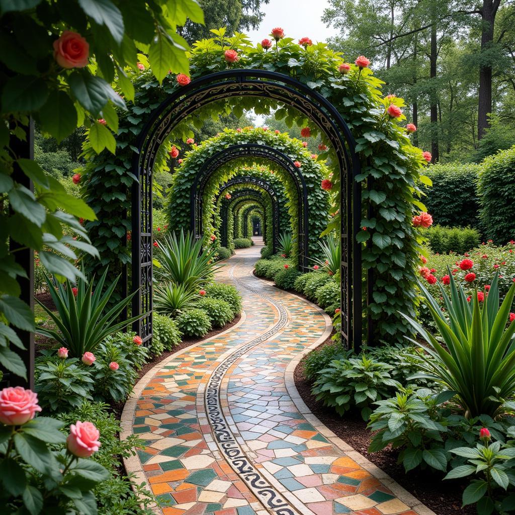 A winding path through an Art Nouveau garden